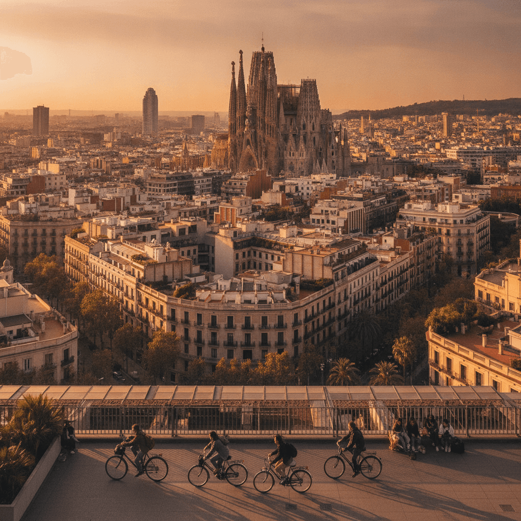 Skyline di Barcellona con la Sagrada Família al tramonto, atmosfera universitaria e studentesca