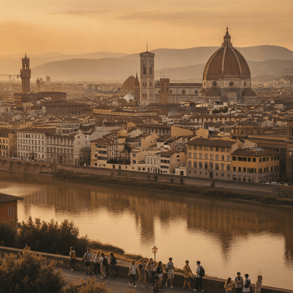 Panorama di Firenze con il Duomo di Brunelleschi e il Ponte Vecchio al tramonto, atmosfera universitaria