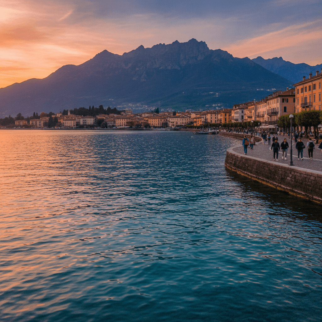 Panorama di Lecco con il lago e il monte Resegone al tramonto, atmosfera universitaria Erasmus