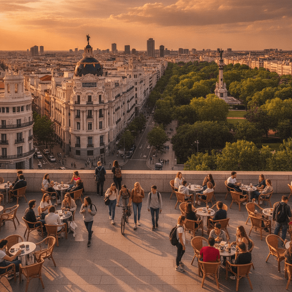 Alloggio Erasmus a Madrid: vista panoramica della Gran Vía al tramonto con atmosfera studentesca